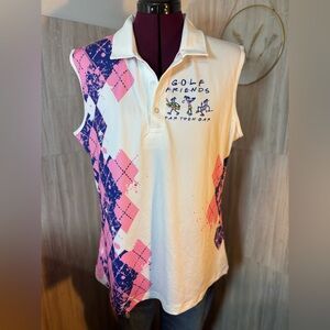 Golf FRIENDS White Sleeveless Polo with Pink & Navy Argyle Print